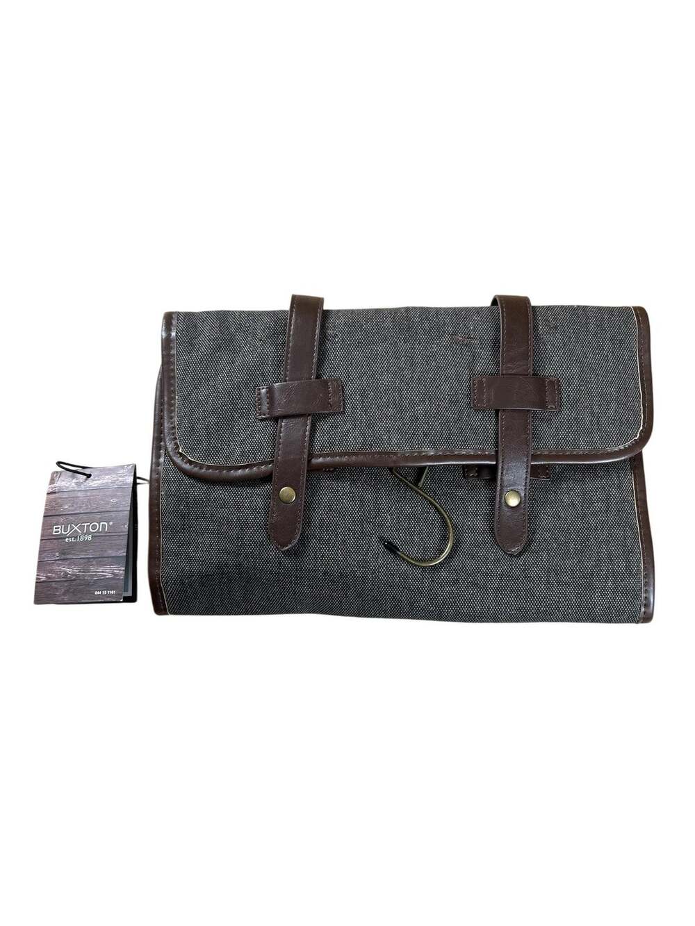 Buxton Clutch Mens Small Brown Canvas Faux Leather Lined Hanging Travel Kit